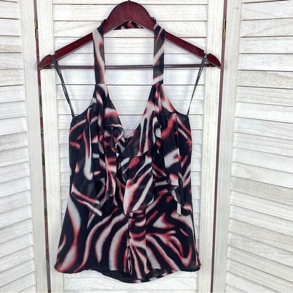 Bebe Printed Silk Chiffon Ruffle Trim Halter Neck Blouse Pink Black XS - Picture 7 of 12
